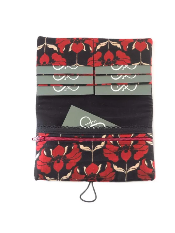 Portefeuille femme cousu main en Bretagne simili cuir noir tissu imprimé rouge Aline
