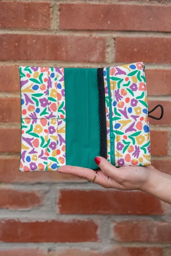 Portefeuille femme compagnon fait main simili cuir vert tissu imprimé fleurs poche zippée monnaie compartiments cartes