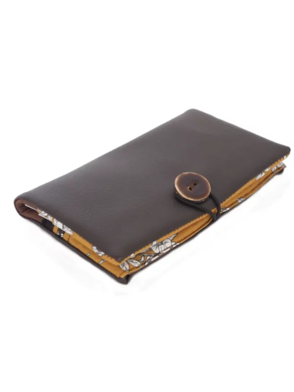 Portefeuille compagnon made in France marron moutarde fleurs