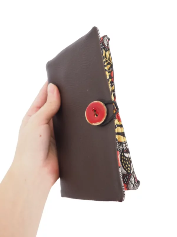 portefeuille compagnon porte monnaie simili cuir marron tissu imprimé feuillage rouge