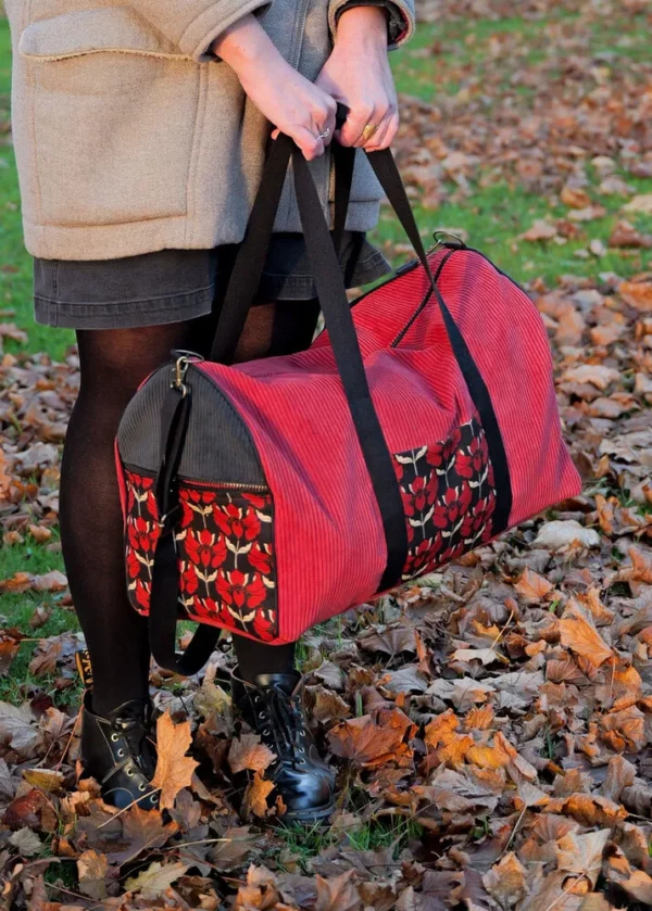 Sac week-end velours grosses côtes rouge et noir Aline