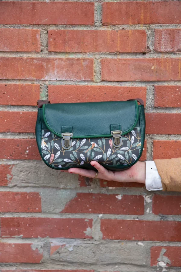 Sac à main femme fait main en France attache cartable rétro simili cuir vert tissu imprimé oiseaux Pioupiou