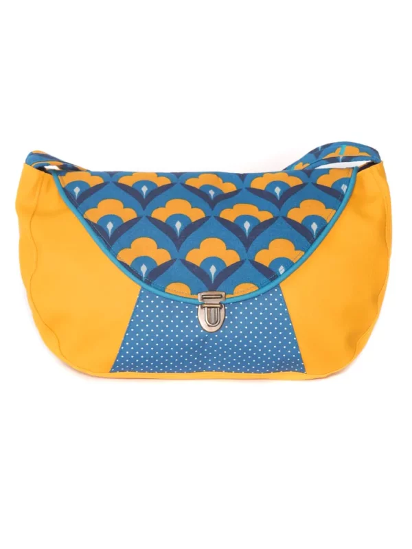 Sac à main femme bandoulière simili cuir moutarde tissu imprimé Paola turquoise pois