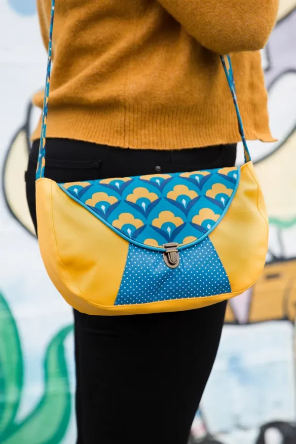 Sac à main femme bandoulière besace simili cuir jaune et tissu imprimé turquoise