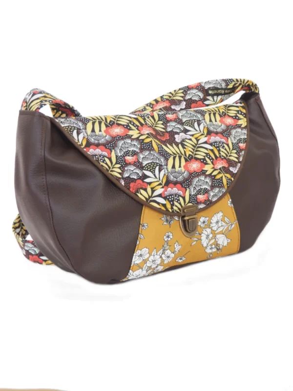 Sac besace femme fait main marron feuillage moutarde fleurs