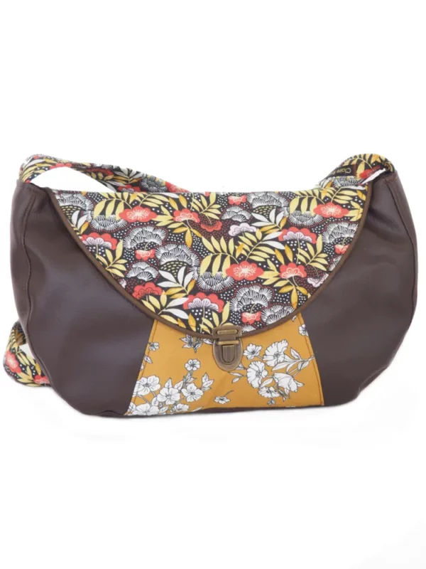 Sac besace femme cousu main en France simili cuir marron tissu imprimé marron feuillage moutarde fleurs