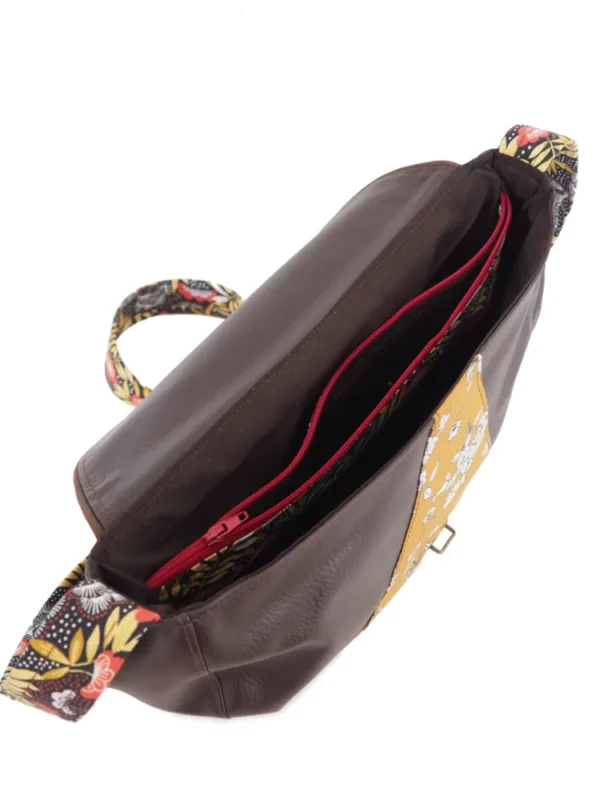 Sac besace marron moutarde intérieur poche zippée compartiments