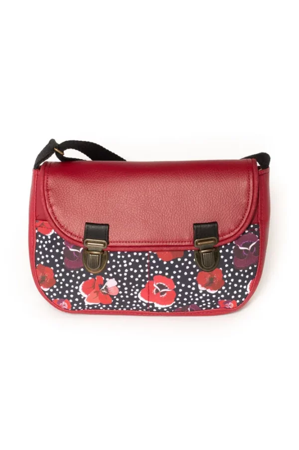 Sac à main femme attache cartable rétro simili cuir rouge bordeaux tissu imprimé fleurs Poppy