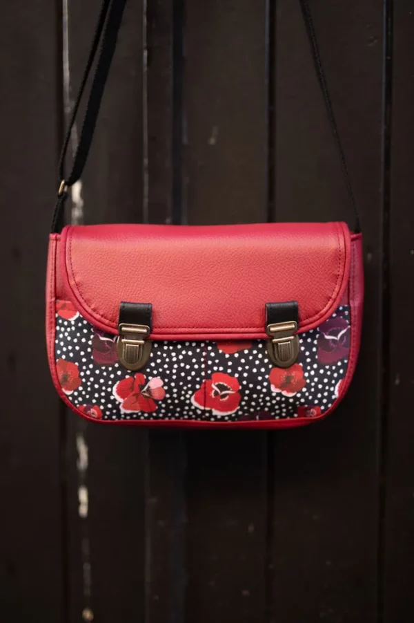 Sac à main femme fait main en Bretagne simili cuir rouge bordeaux tissu imprimé noir pois fleurs Poppy