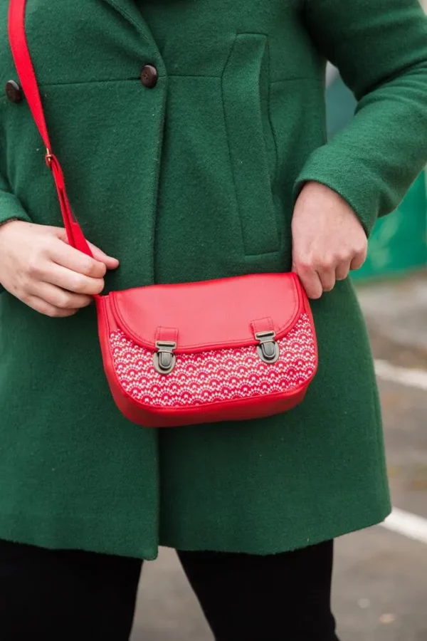 Sac à main bandoulière ajustable attache cartable rétro simili cuir rouge tissu imprimé Aloïse