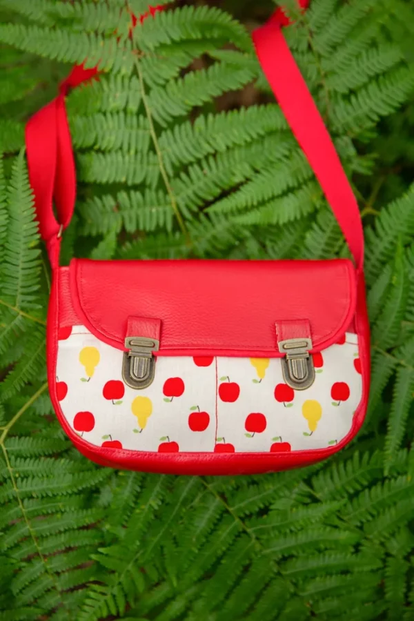 Sac à main femme attache cartable rétro sky rouge tissu pommes fruit