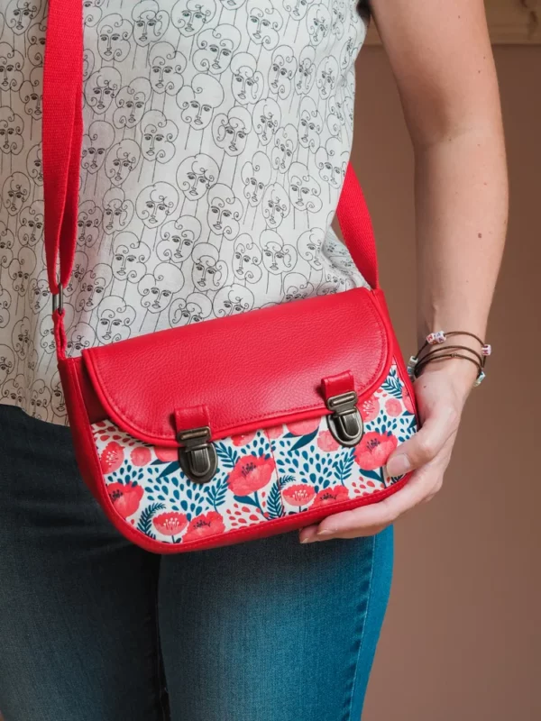 Sac à main femme bandoulière simili cuir rouge tissu imprimé Coquelicots