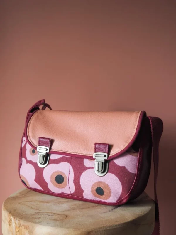 Sac à main femme simili cuir bordeaux et rose tissu imprimé grosses fleurs Paulette