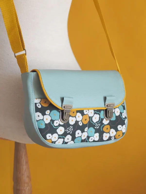 Sac à main femme coloré simili cuir bleu gris tissu imprimé fleurs vintage June