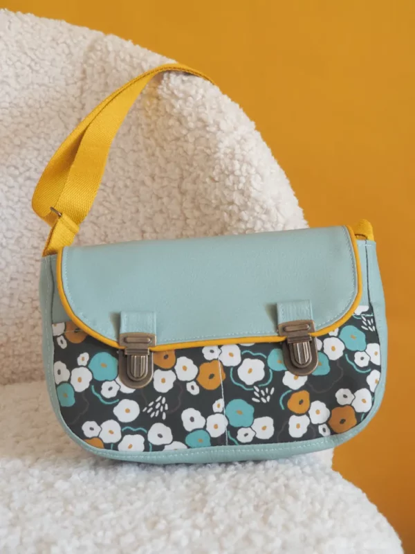 Sac à main femme cousu main en Bretagne gris bleu moutarde fleurs June