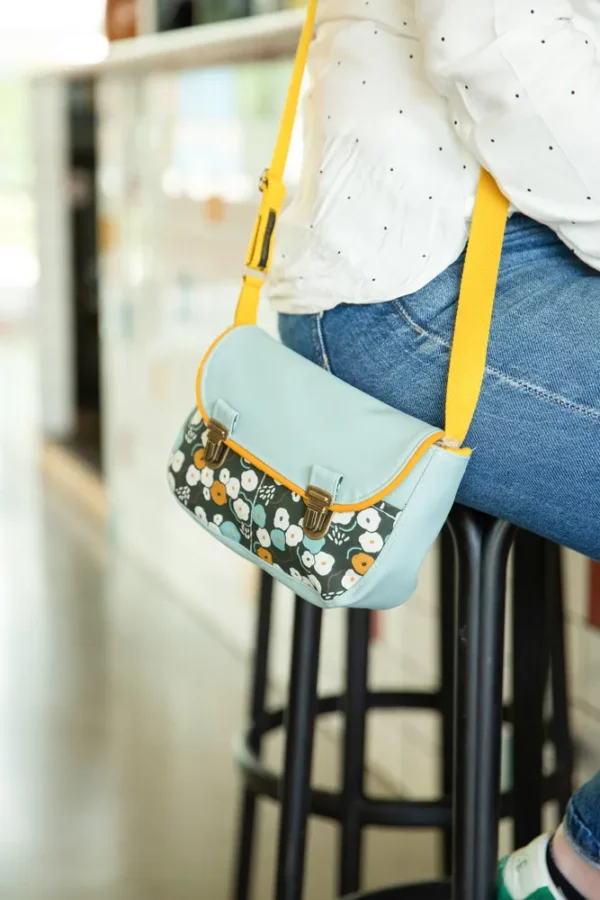 Sac femme petit format coloré fait main simili cuir bleu gris tissu imprimé fleuri June
