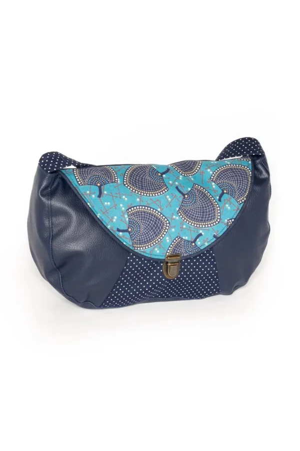 Sac besace made in France simili cuir bleu marine tissu imprimé Isa