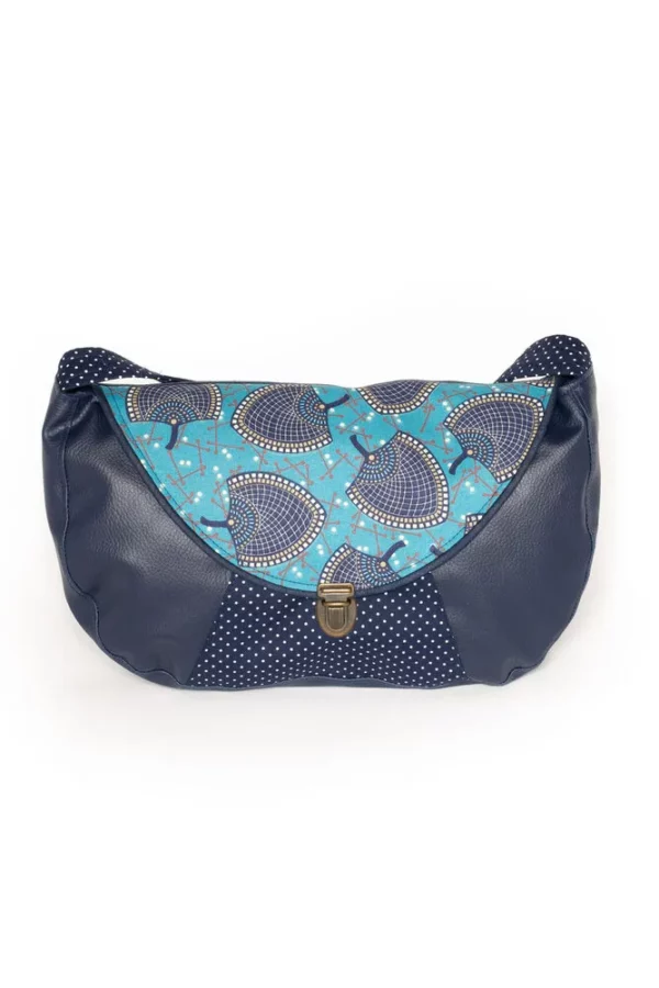 Sac à main besace fait main en France simili cuir bleu marine tissu imprimé turquoise Isa