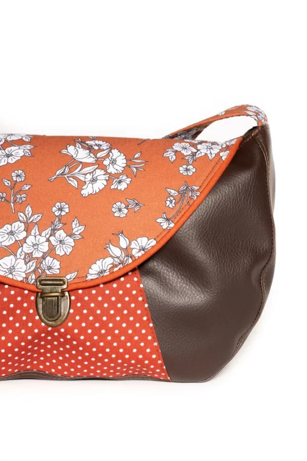 Sac besace Juliette fait main tissu imprimé rouille fleurs pois attache cartable
