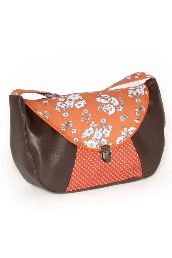 Sac à main femme fait main simili cuir marron tissu imprimé rouille