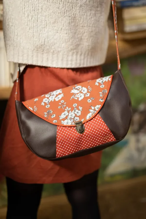 Sac à main femme besace simili cuir marron tissu imprimé rouille fleurs pois Juliette