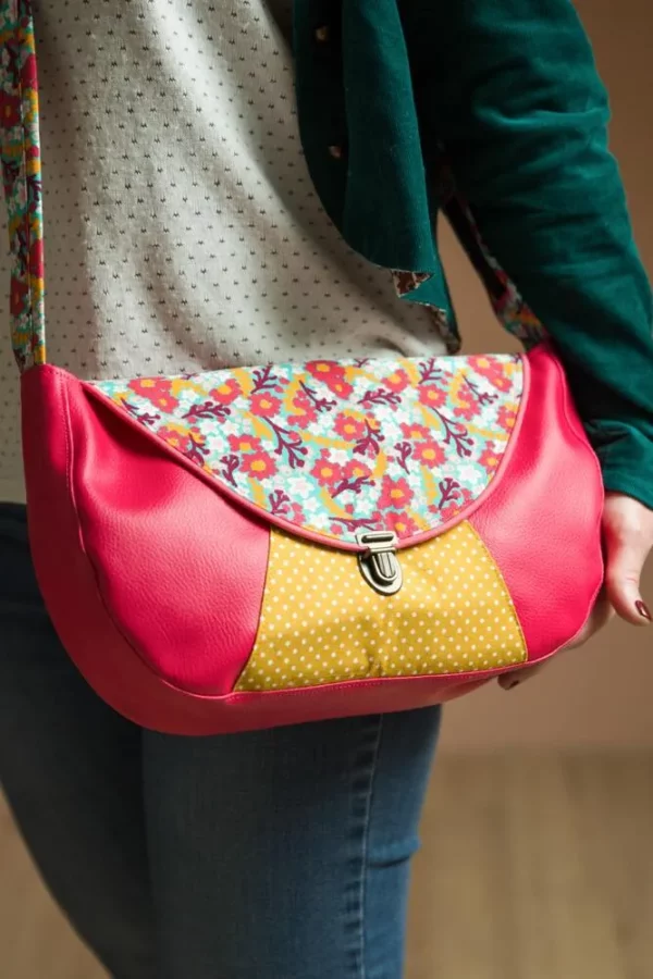 Sac à main grand format artisanal fabriqué en France rose et moutarde fleurs pois