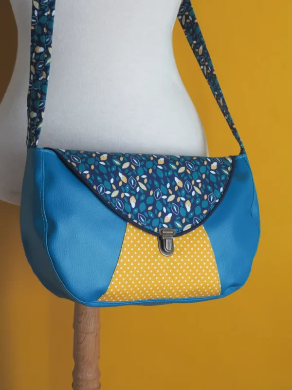 Sac à main femme cousu main coloré simili cuir turquoise tissu imprimé pois moutarde Pépite