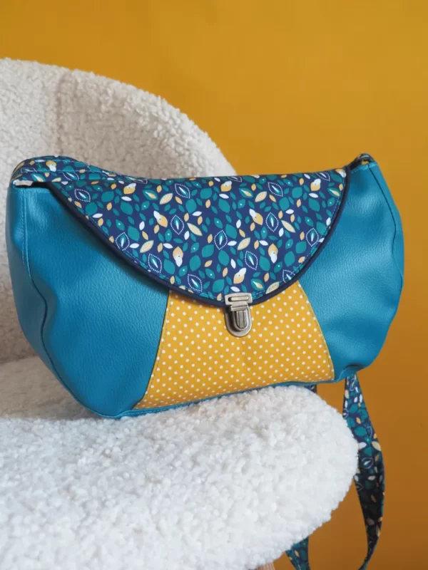 Sac besace fait main en Bretagne simili cuir turquoise tissu imprimé jaune pois bandoulière Pépite