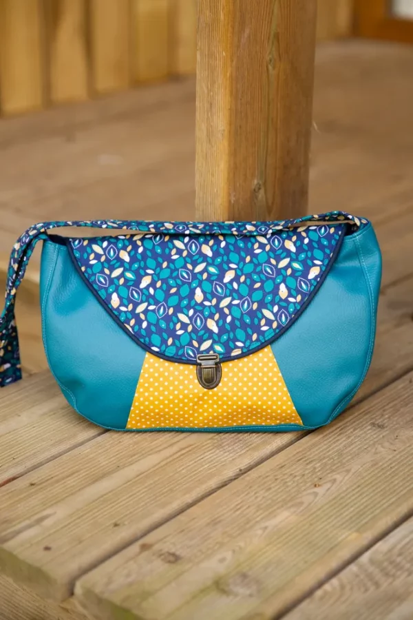 Sac à main besace coloré femme fait main simili cuir turquoise tissu imprimé bleu moutarde pois Pépite