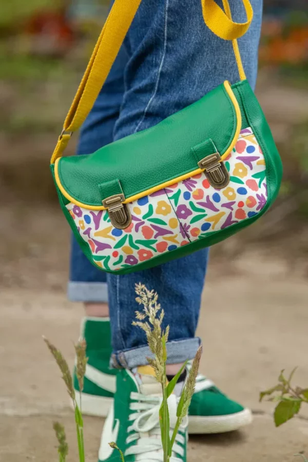 Sac à main femme fait main bandoulière réglable simili cuir vert tissu imprimé les fleurs
