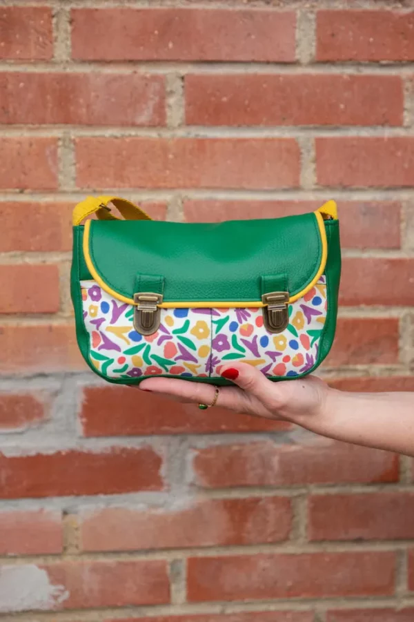 Sac à main femme attache cartable rétro simili cuir vert tissu imprimé les fleurs