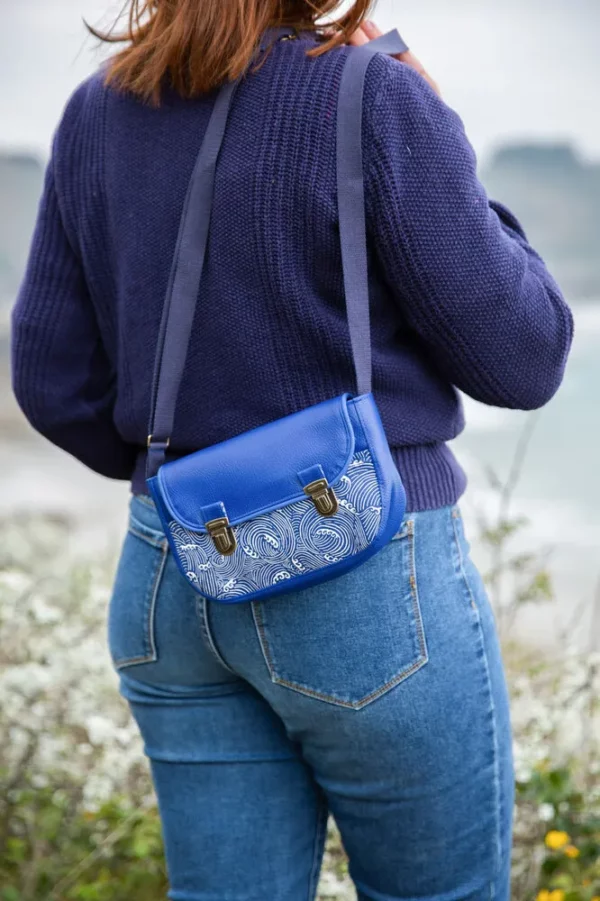 Sac à main bandoulière réglable simili cuir bleu et tissu imprimé vagues océan