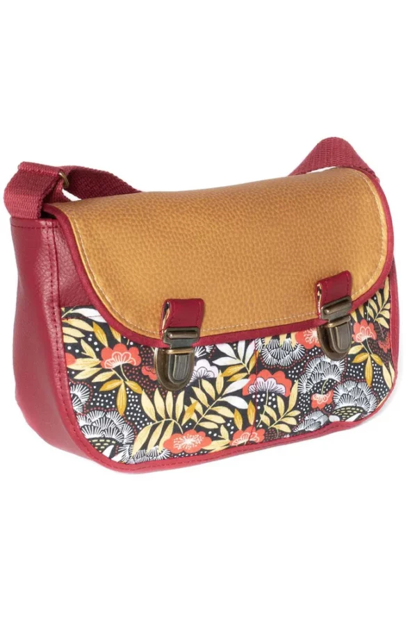 Sac à main femme fait main en Bretagne simili cuir bordeaux et doré tissu imprimé feuillage attache cartable rétro