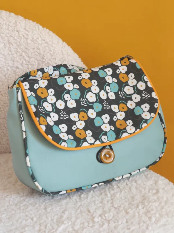Sac réversible coloré femme cousu main June bleu gris et gleurs moutarde vintage
