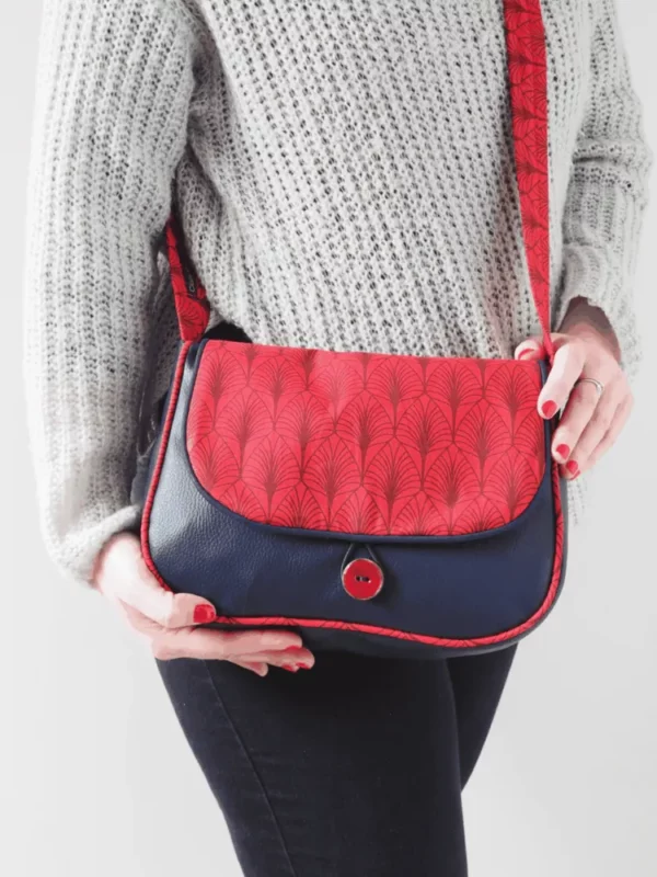 Sac à main femme bandoulière réversible simili cuir bleu marine tissu imprimé rouge feuilles