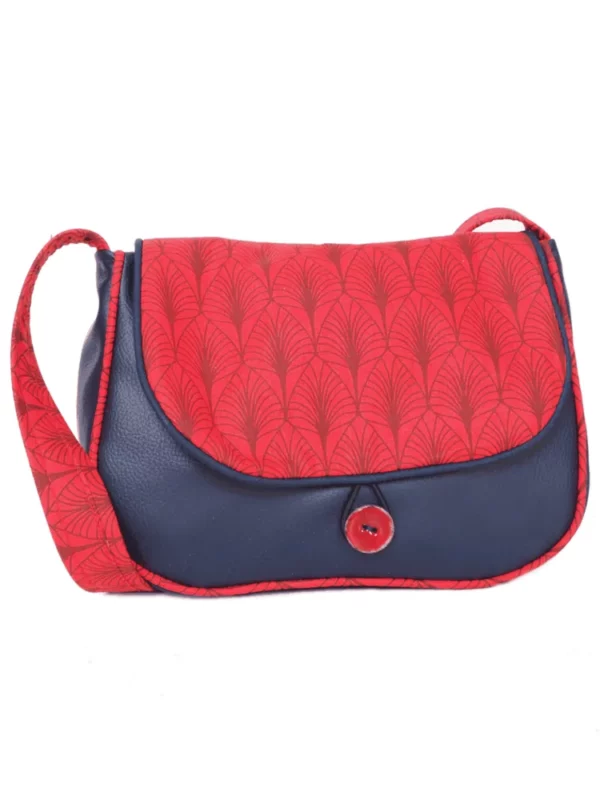 Sac à main femme réversible simili cuir bleu marine et tissu imprimé rouge feuilles