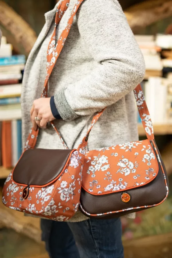 Sac à main femme réversible 2 en 1 simili cuir tissu imprimé rouille fleurs Juliette