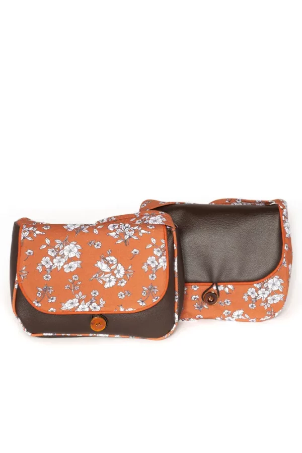 Sac à main femme réversible Juliette simili cuir marron tissu imprimé rouille fleurs sac 2 en 1