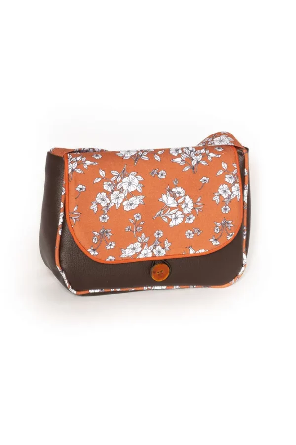 Sac 2 en 1 simili cuir marron tissu imprimé rouille fleurs Juliette