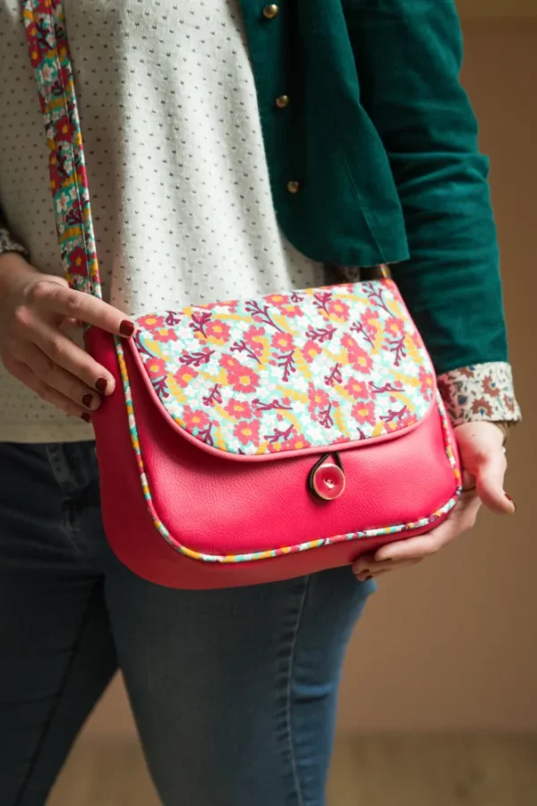 Sac à main femme réversible bandoulière simili cuir rose et tissu imprimé fleurs Rosa