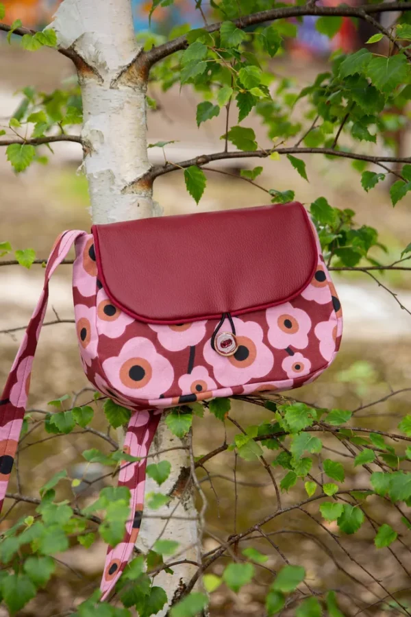 Sac réversible Paulette côté tissu imprimé bordeaux grosses fleurs roses rétro