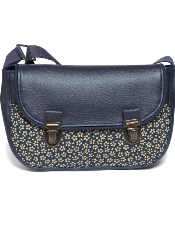 Sac à main femme fait main en France bleu marine fleurs japonais