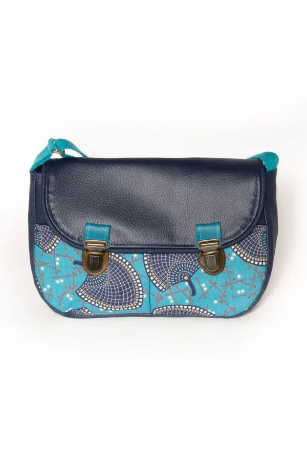 Sac à main femme bandoulière cousu main en Bretagne simili cuir bleu marine tissu imprimé turquoise Isa