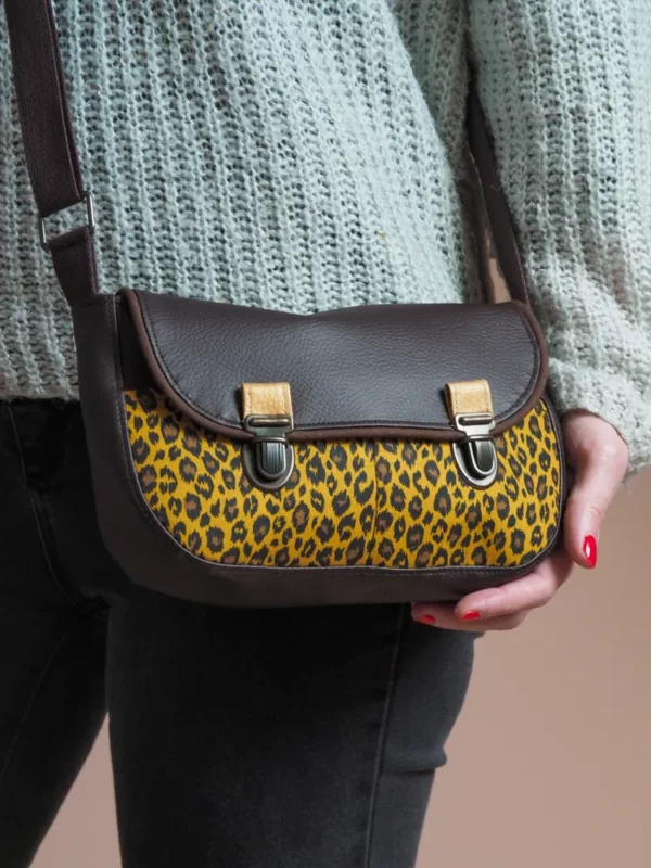Sac à main femme bandoulière réglable simili cuir marron tissu imprimé léopard