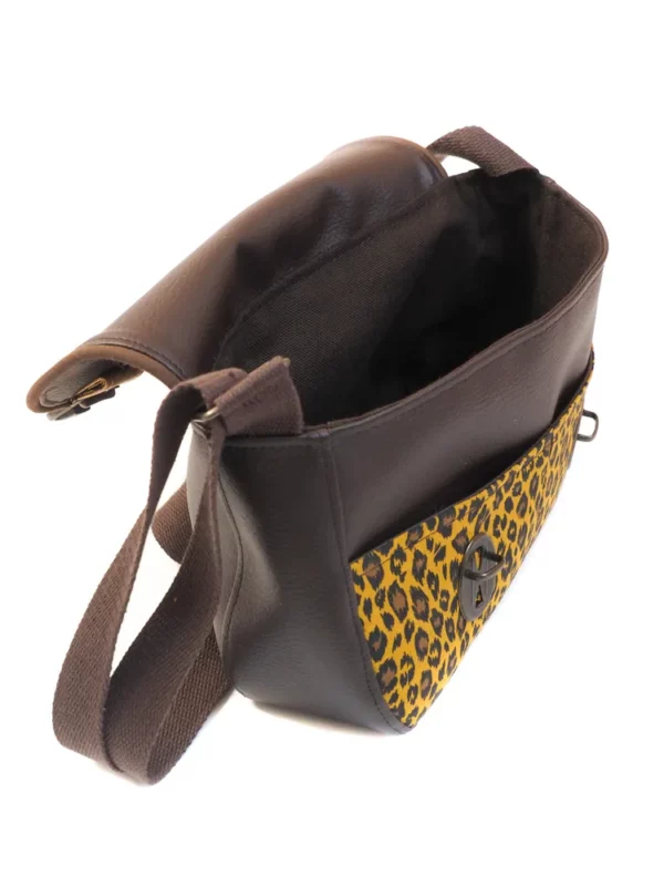 Sac à main femme simili cuir marron tissu imprimé léopard vue intérieur
