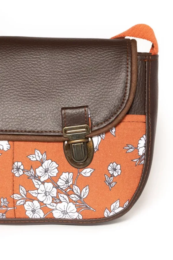 Sac à main femme Juliette zoom tissu rouille imprimé fleurs Juliette attache cartable rétro