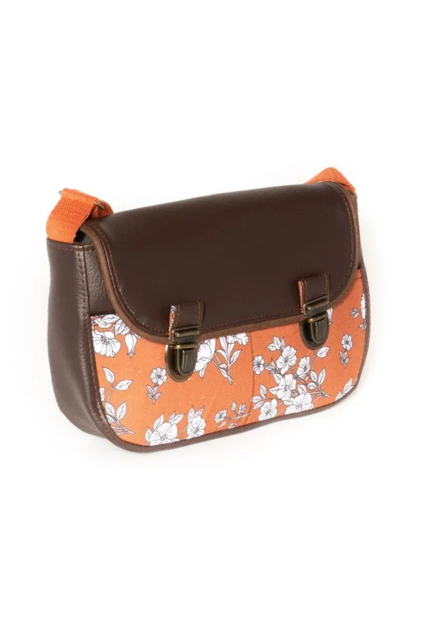Sac cousu main en France simili cuir marron tissu imprimé rouille fleurs Juliette
