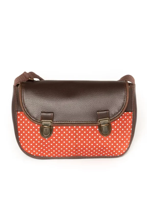 Sac à main femme bandoulière simili cuir marron tissu imprimé rouille pois Juliette