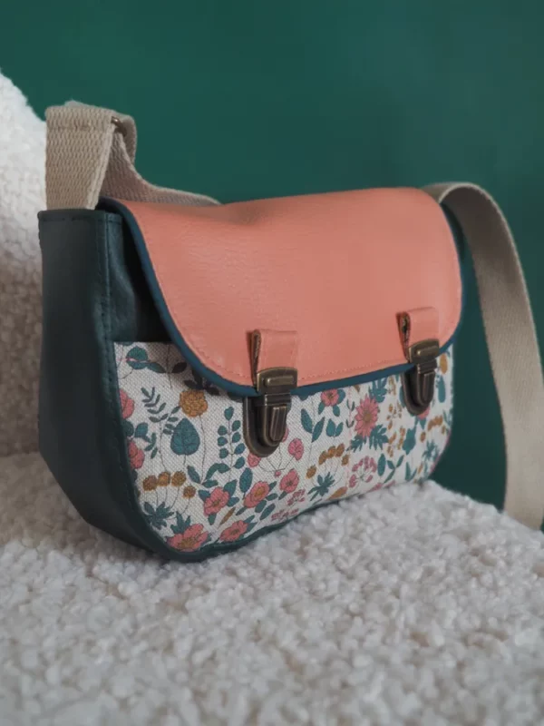 Sac femme bandoulière réglable simili cuir rose vert tissu fleuri Peach