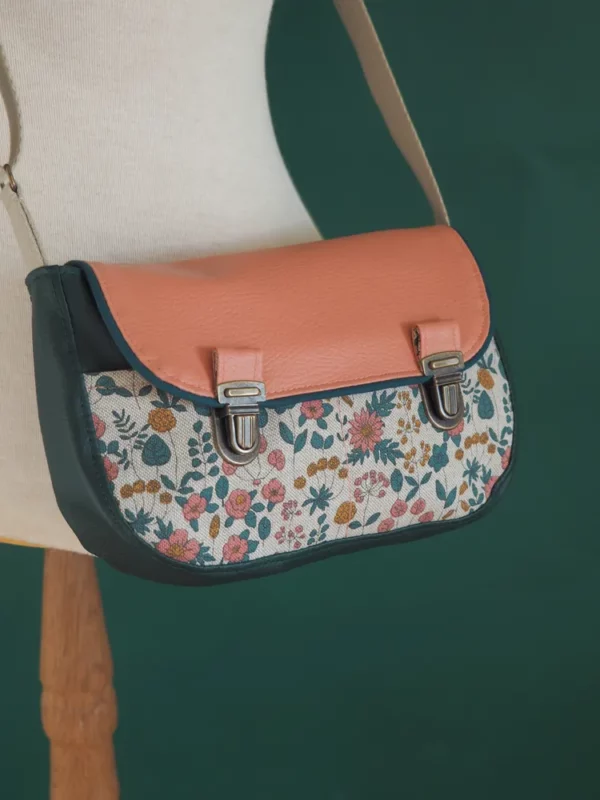 Sac à main femme l'essentiel fait main simili cuir vert et rose tissu imprimé fleurs Peach
